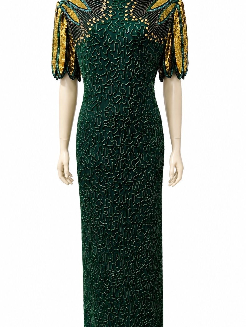 Laurence Kazar Emerald Green Embellished Evening Gown with Gold Accent